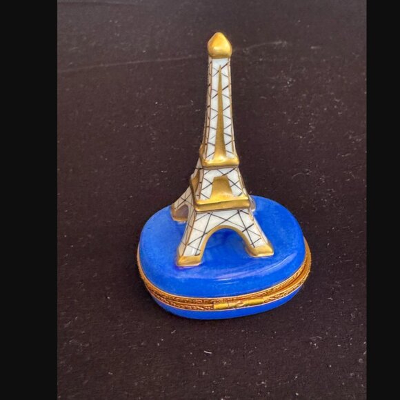 Rare Limoges France Peint Main Eiffel Tower Cobalt & Gold Eiffel Tower Clasp Box - Picture 9 of 10